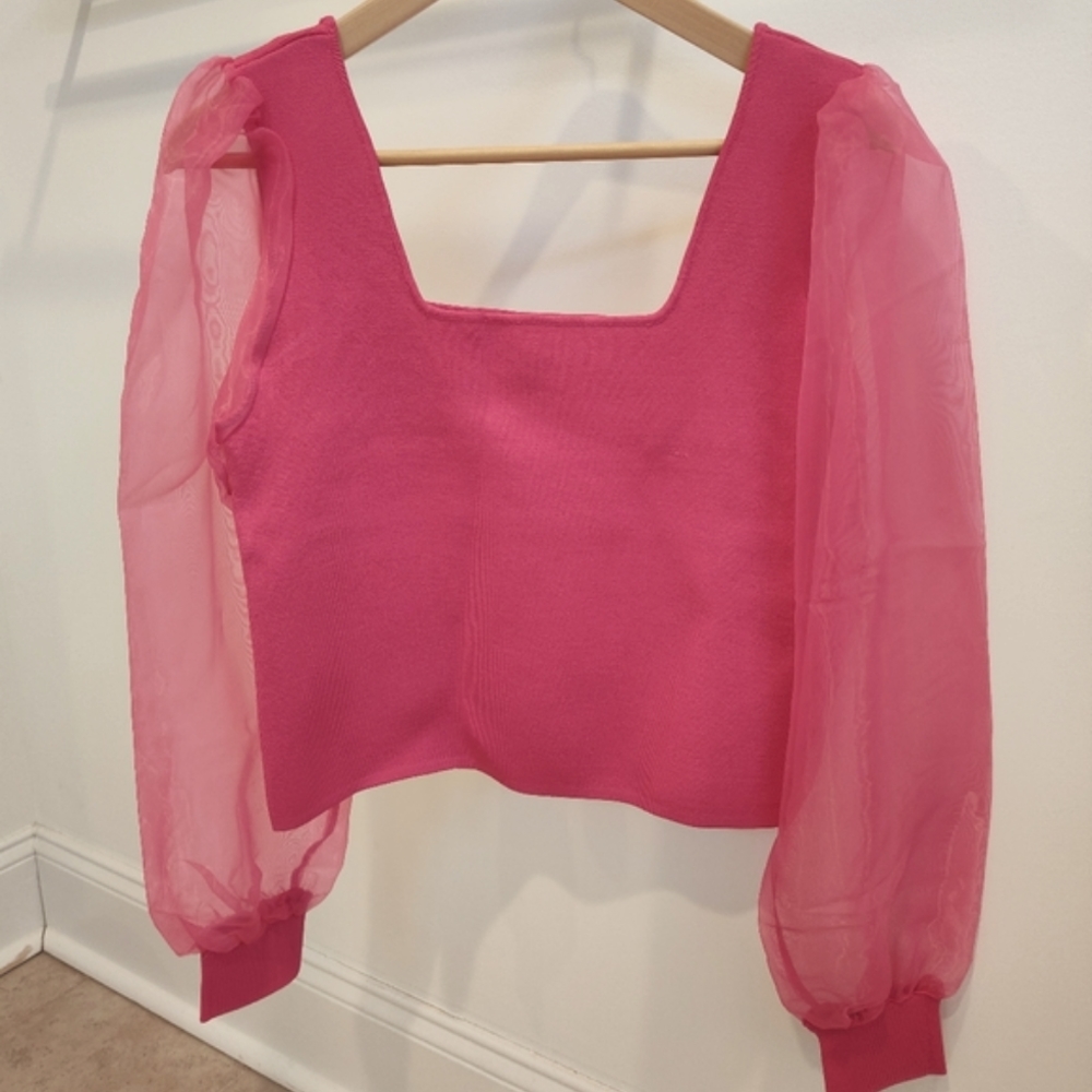 House of Harlow 1960 Sheer Puff Sleeves Knit Top